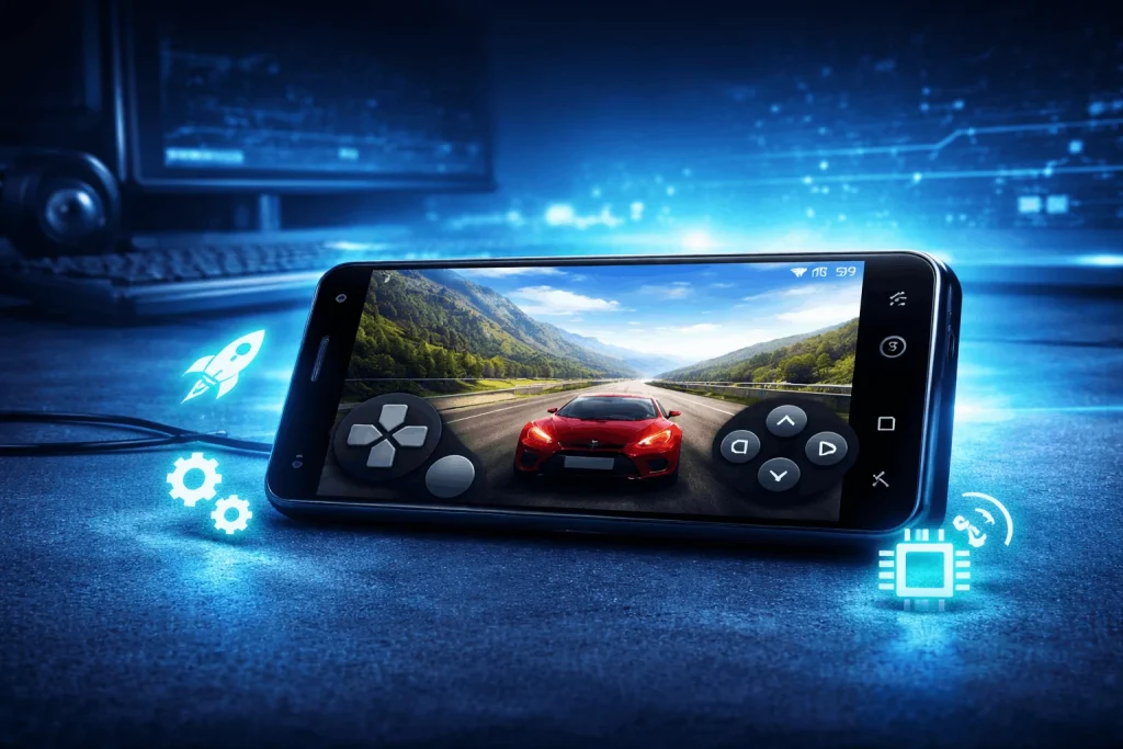 AetherSX2 control settings with customizable touch controls, button mapping, and Bluetooth controller support