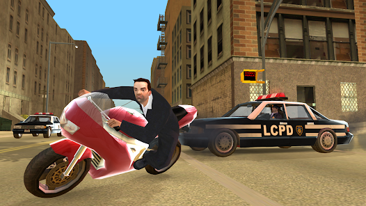 AetherSX2 emulator gameplay showing GTA Liberty City Stories running on Android with smooth motorcycle chase action.