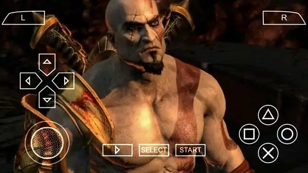 God of War on AetherSX2 PS2 Emulator - Kratos close-up with on-screen touch controls for Android